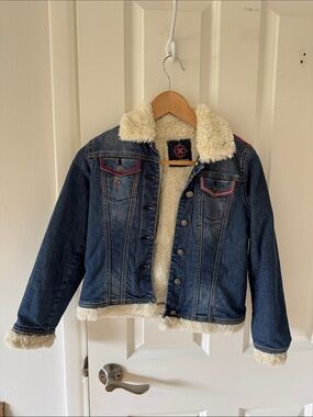 Chipie Denim Patch Jacket with Cream Sherpa and Pink Embroidery